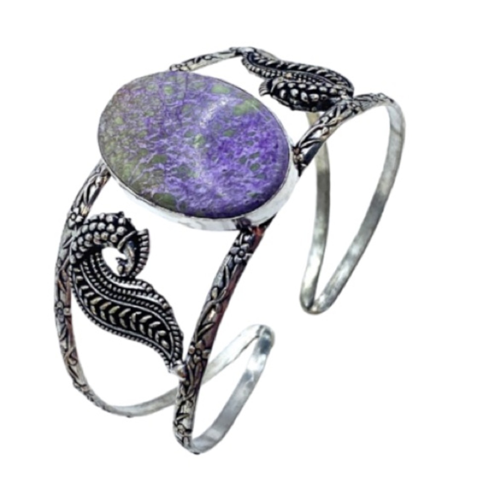 925 silver stamped bracelet. Purpurite gemstone. Adjustable